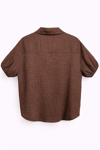 Mixray 4901 Kadın Polo Yaka Yarım Patlı Kraş Dokulu Crop Gömlek Kahve