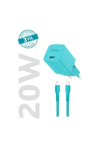 Smartcharger Gan 20w Pd Seyahat Hızlı Şarj Aleti + Usb-c - Usb-c 3a Kablo Neon Neon Mavi