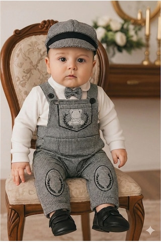 Erkek Bebek Ayıcıklı Salopet Takım - Kasketli, Papyonlu 3 Lü Set Gri