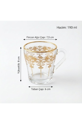 Akasya Altın Yaldızlı Kazıma Model - El Boyama 6 Kişilik Cam Çay Fincan Seti 6 X 190 Ml Gold