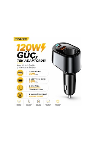 Essager 120w Süper Hızlı Araç Şarj Cihazı 35w Type-c + 30w Usb Hızlı Şarj Ve 85w Çakmaklık Çoklayıcı