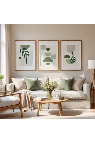 3'lü Yeşil Bohem Poster Seti Modern Minimalist Duvar Dekoratif Baskı