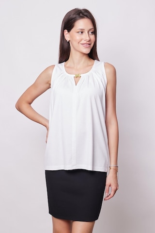 Jument Kadın Kırışmaz Span Karışımlı Geniş Sıfır Yaka Yakası Pileli Aksesuarlı Kolsuz T-shirt Bluz-beyaz Beyaz