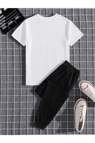 Tokyo Beyaz T-shirt Siyah Eşofman Altı Jogger - Baskılı Alt Üst Eşofman Takım Oversize Bisiklet Yak Beyaz Siyah