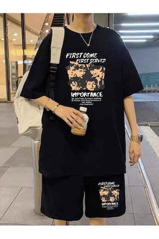 Unisex Oversize F-c-f-s Baskılı Siyah Bisiklet Yaka T-shirt Şort Siyah