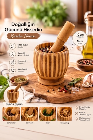 Porsima Pbt-409 Doğal Bambu Havan - Sarımsak Döveceği Ahşap Sarımsak Ezici Havan Döveç Ahşap