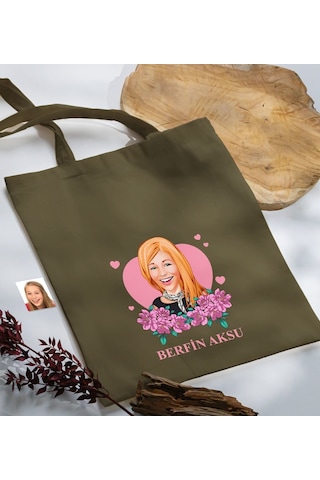 Bk Gift Kişiye Özel Anneler Günü Karikatürlü Haki Kumaş Bez Çanta, Baskılı Omuz Çantası, Alışveriş Çantası, Anneye Hediye-2 Haki