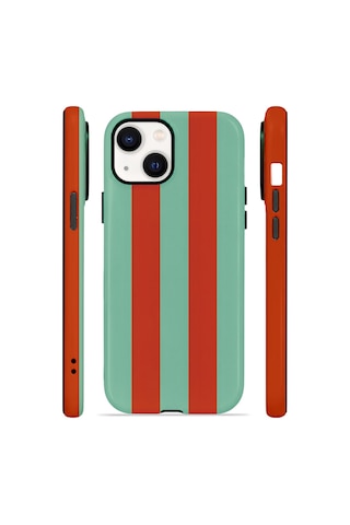 Apple iPhone Uyumlu 15 Vorian Çift Katmanlı Magsafe Kılıf Terracotta Mint Stripe