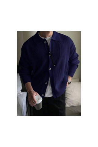 Cool Tarz Erkek Lacivert Düğme Detaylı Gömlek Yaka Regular Fit Triko Hırka Lacivert Lacivert