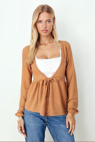 Armonika Kadın Camel V Yaka Yumuşak Dokulu Önü Bağlamalı Kolları Lastikli Triko Hırka Arm-26k001010