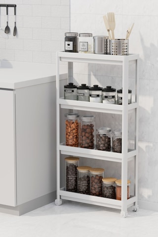 Mithra Life 4 Katlı Tekerlekli Slim İnce Beyaz Banyo Mutfak Rafı Mıt1200
