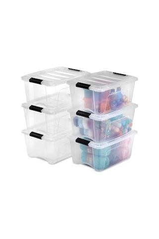 Kutu, Plastik Saklama Düzenleyici, 6'li Paket, 6 X 15 L, Sabit, Klipsler, İstiflenebilir, Çok Amaçlı, Oturma Odası, Genel