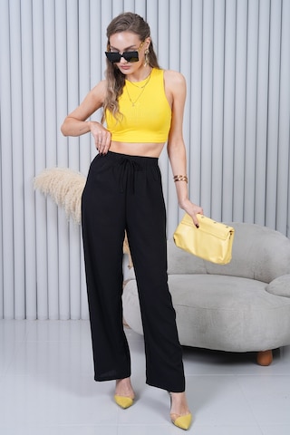Polologin Butik Beli Bağcıklı Yüksek Bel Bol Paça Siyah Pantolon Siyah