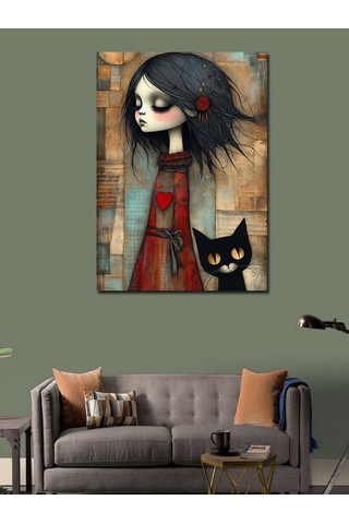 Kanvas Tablo Gotik Kadın Ve Kedi 100cmx140cm