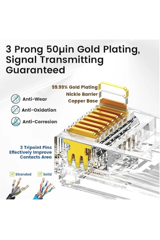 Koodmax - 100 Adet - 50u" Gold Plated Cat6 Rj45 Konnektör - 8p8c Ethernet Kablo Ucu Modüler Fiş Jak