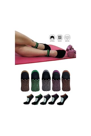 5 Çift Pamuklu Renkli Kaymaz Taban Silikon Baskılı Yoga Fitness Pilates Ve Aktivite Kadın Çorabı