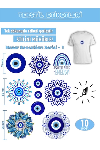 Ütü İle Yapışan Kıyafet Etiketi Nazar Boncukları Serisi -1 10lu Set Karışık