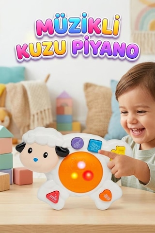 Işıklı Sesli Müzikli Kuzucuk Piyanolu Davul Enstrümanı Eğitici Oyuncak Çocuk Müzik Aleti