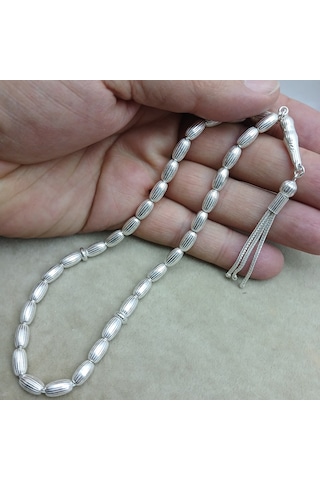 925 Ayar Gümüş Tesbih Arpa Kesim Çizgili Model Orta Boy