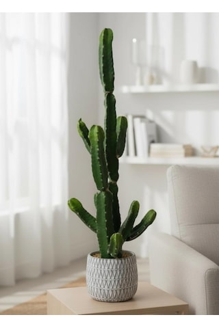 Yapay Kaktüs Euphorbia İngens Şamdan Ağacı Beton Saksıda Yapay Bitki 70cm Yeşil