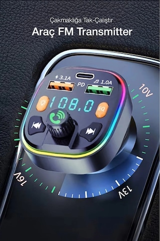 Bluetooth Araç Çakmaklık Fm Transmitter Işıklı Mp3 Çalar Type-c Hızlı Şarj Araç Şarj Cihazı