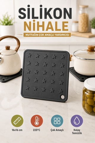Antrasit Silikon Nihale 16x16cm Çok Amaçlı Tencere Tava Altlığı Fırın Tepsi Tutacağı Kavanoz Açacağı