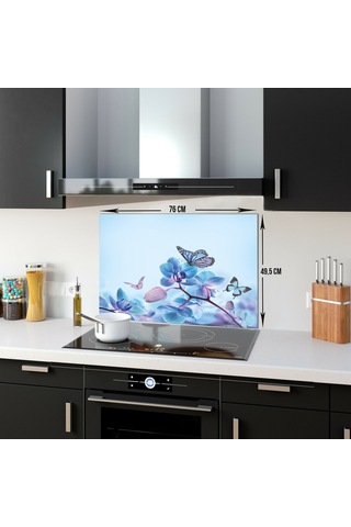 Decorıta Cam Ocak Arkası Koruyucu | Mavi Çiçek Ve Kelebek