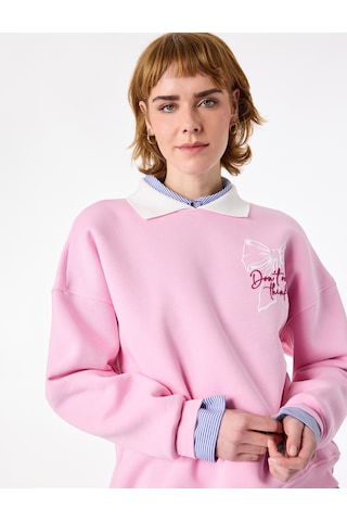 Koton Rahat Kalıp Uzun Kollu Nakış Detaylı Fiyonklu Polo Yaka Sweatshirt Pembe 6sal10427ık Gülkurusu