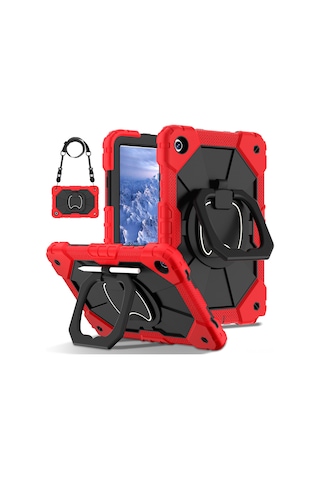 Vkemall Samsung Tab A9 8.7" Silikon+pc Tümünü Kapatan Şok Emici Döner Tutucu Korumalı Kılıf - Kırmızı-siyah