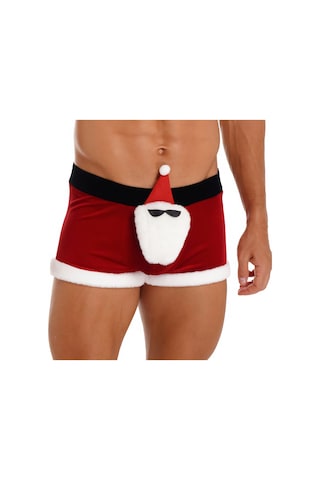 Nsmlife Erkek Noel Baba Figürlü Kırmızı Kadife Yılbaşı Boxer Kırmızı