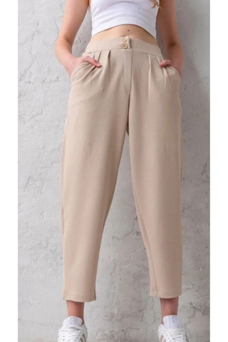 Çift Düğmeli Havuç Model Bilek Boy Kadın Kumaş Pantolon Bej