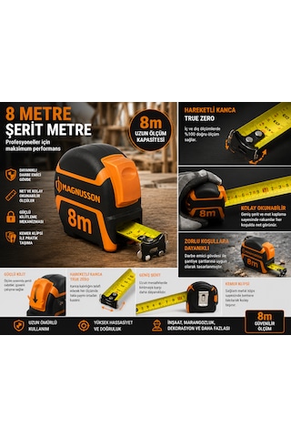 8 Metre Şerit Metre Profesyonel Çelik Mezura Darbeye Dayanıklı Güçlü Kilitli Hareketli Kancalı 8 M