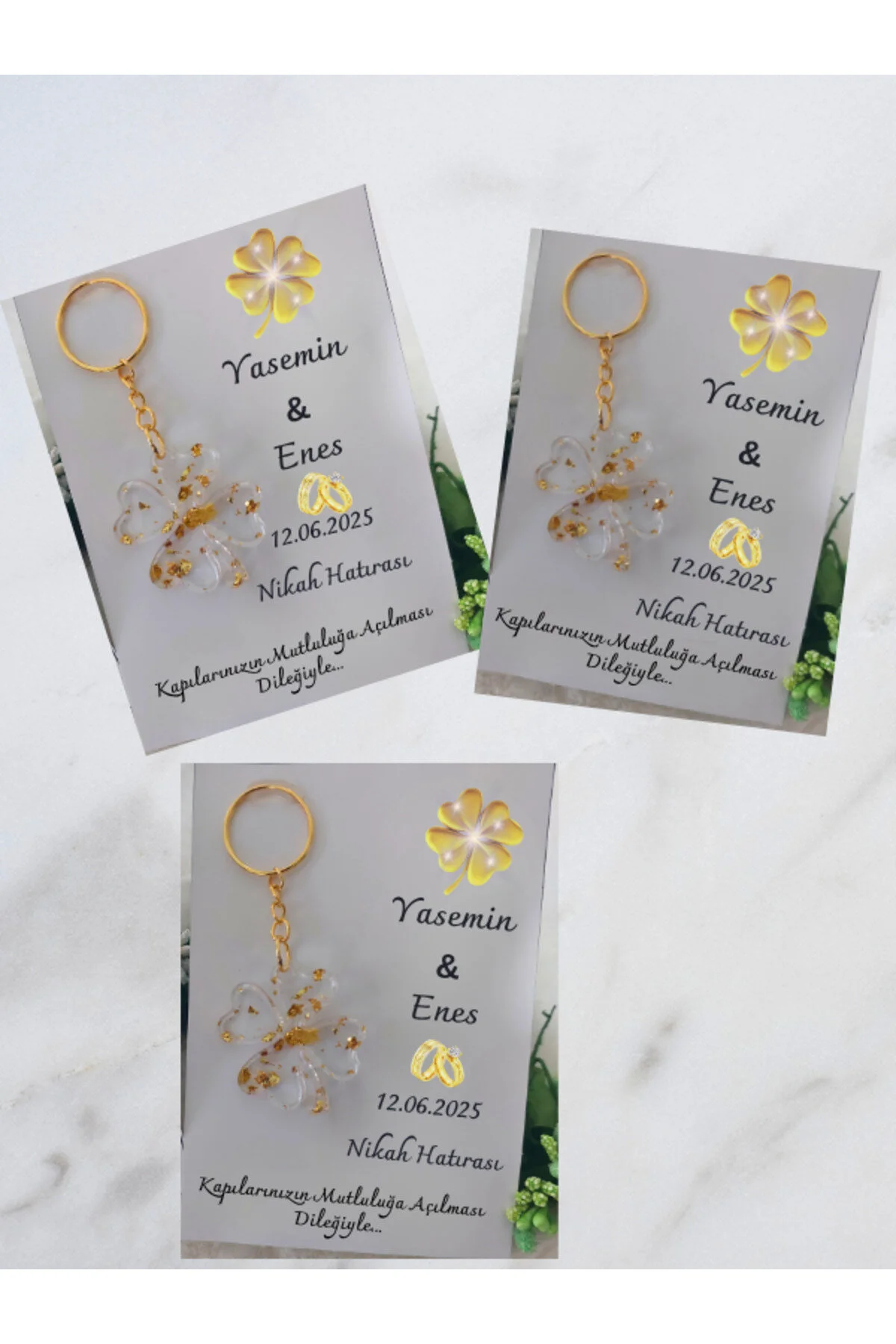 25 Adet Kartlı Epoksi Anahtarlık Yonca , Söz , Nişan, Nikah , Kına, Mevlüt Hediyelik Altın Gold