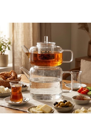Lexroo Flat Borosilikat Cam Çaydanlık Takımı 980 Ml Demlik + 1600 Ml Alt Demlik Çok Renkli