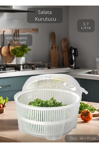 Salata Kurutucu Kilitli Kapak Sebze Kurutucu Bpa Free Yeşillik Yıkama Kurutma Kabı 3,7 Litre Beyaz