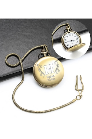 Kişiye Özel Ahşap Kutulu Köstekli Cep Saati Gold Renk