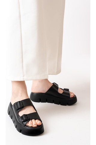 Asmi Shoes Kadın Çift Bantlı Kalın Taban Ortopedik Terlik Siyah Siyah