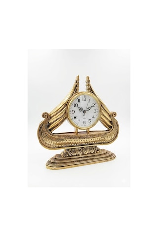 Büyük Boy Vintage Gemi Tasarımlı Dekoratif Masa Saati Antik Gold Koleksiyonluk Klasik Saat 28 Cm