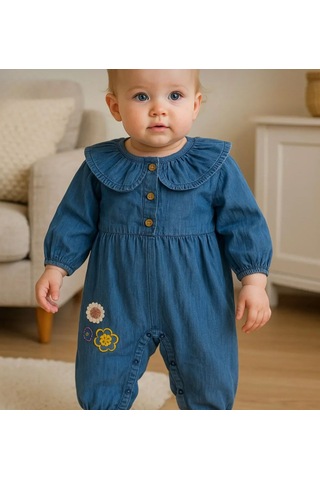 Kız Bebek Nakışlı Pamuklu Sevimli Kot Tulum Kot Mavi
