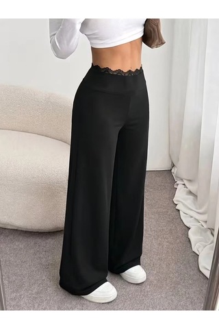 Zennamoda Kadın Yüksekbel Dantelli Paçaya Doğru Geniş Modal Pantolon Siyah