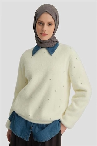 Armine Taş Detaylı Kazak 24kd2806 Aytaşı Krem