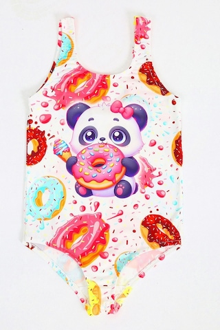 Papiş Kız Çocuk Mayo Sevimli Panda Donut Desenli Rahat Hızlı Kuruyan Mayo Deniz Havuz Plaj Mayosu Karışık
