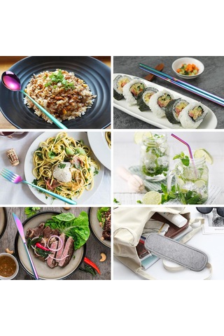 Valkyrie 8 Parça Çantalı Yolculuk Çatal Bıçak Kaşık Pipet Chopstick Seti Kamp Okul Ofis Tatil Paslanmaz Çelik Renkli Çok Renkli