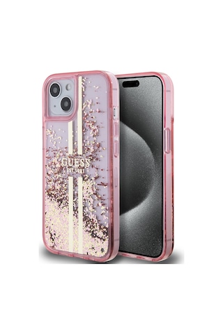 Apple Uyumlu iPhone 14 Kılıf Guess Lisanslı Transparan Sıvılı Simli Altın Çizgili Kapak Pembe