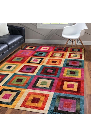 Latte Dizayn Amber Desenli Kadife Pamuk Tabanlı Yıkanabilen Kaydırmaz Antibakteriyel Salon Halısı 80x150 Çok Renkli