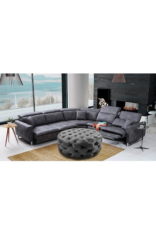 Yuvarlak Chester Model Kapitoneli Oval Orta Puf- Modern Puf Gri