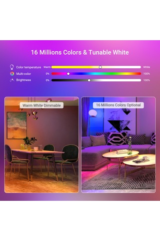 Padalink E26 Wifi Akıllı Ampul 9w - Rgb+sıcak/soğuk Işık 2700k-6500k - Uzak Kumanda, Zamanlayıcı, Ses Kontrolü - 120v Amerikan Standartı