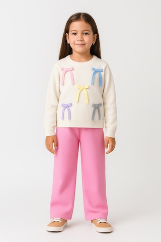 Kız Çocuk Aplike Fiyonk Detaylı Triko Alt Üst Takım 2 Parçalı Takım Fiyonk
