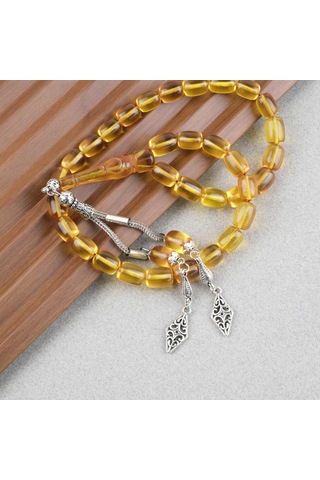 Ateş Kehribar Ayyıldız İşlemeli İmame Kapsül Kesim 9x11mm Tesbih - Sarı Sarı