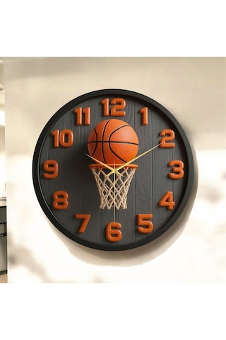 AA Shop Basketbol Top Pota Renkli Baskı Desenli Sayılı Hediyelik Ahşap Sessiz Tablo Duvar Saati 59 Renkli